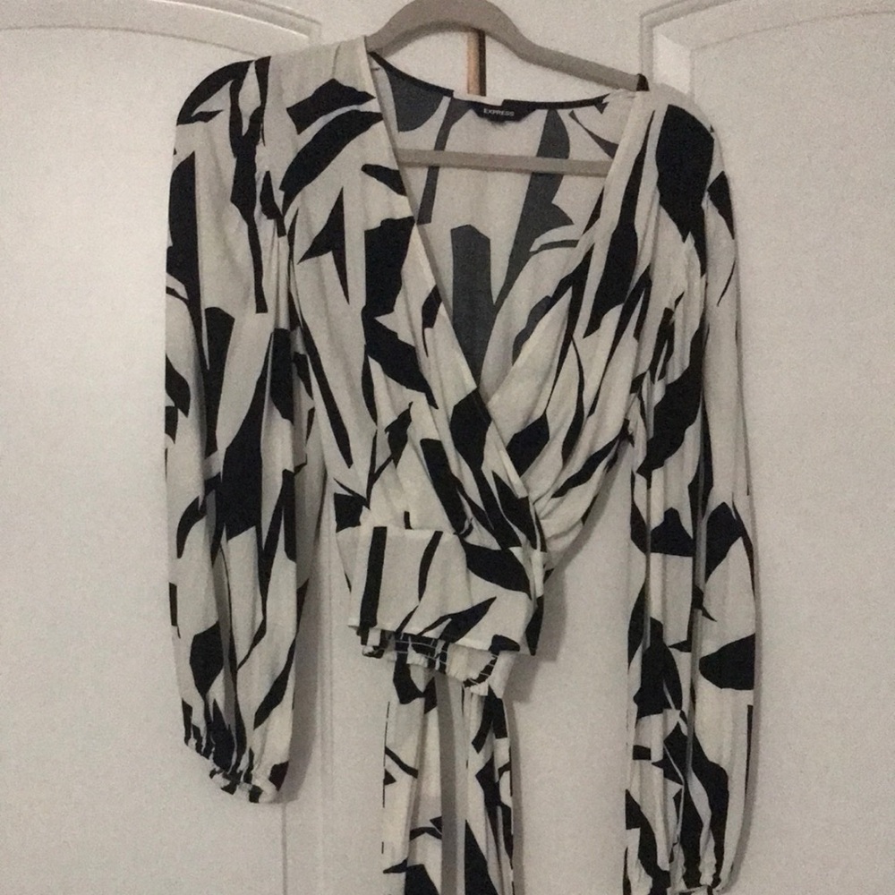 Express Black and White Wrap Blouse with Tie Detail